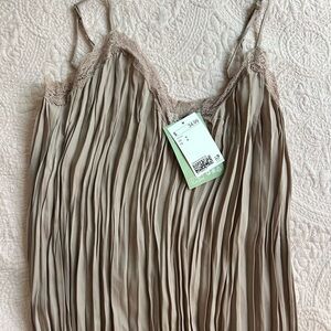 H&M Light Beige Pleated Lace Trim Maxi Dress